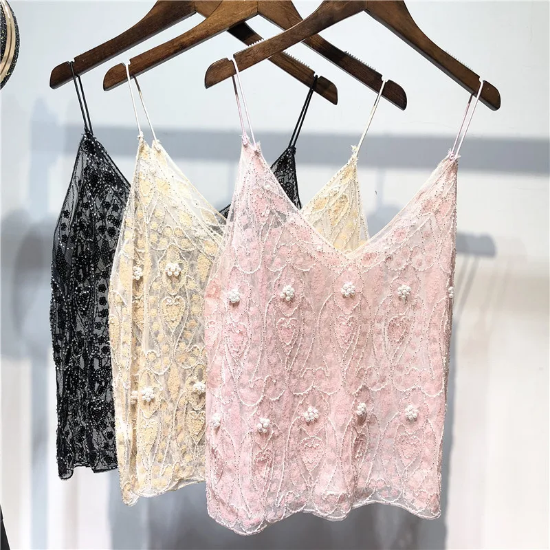 

Fashion Women Bead Work Camis Femme Lady Sexy Club Camisole Bling Bling Shiny Women Sequined Tanks Top Handmade Flower