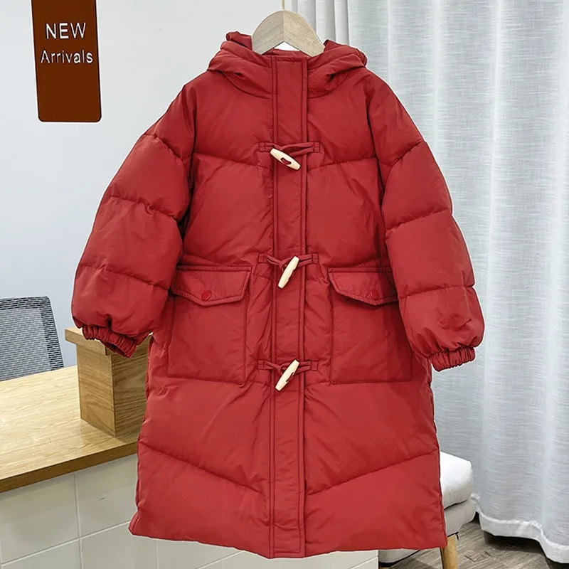 

2023 New Winter Hooded Girls Coat Fashion Kids Down Cotton Outerwear Solid Color Teens Boy Long Parka For 3-14 Years cheap sale