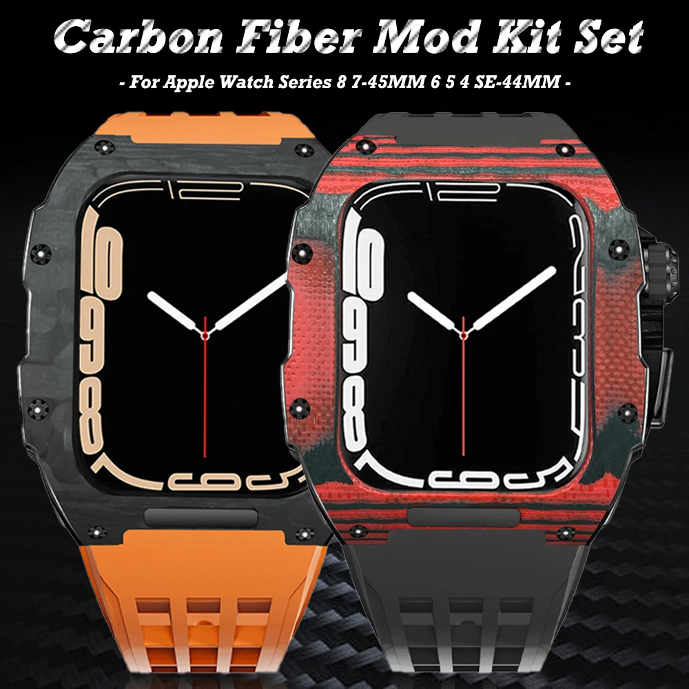 

44 45mm Luxury Carbon Fiber Mod Case For Apple Watch Series 8 7 45 Fluororubber Strap For iWatch 4 5 6 SE 44MM Modification Kit