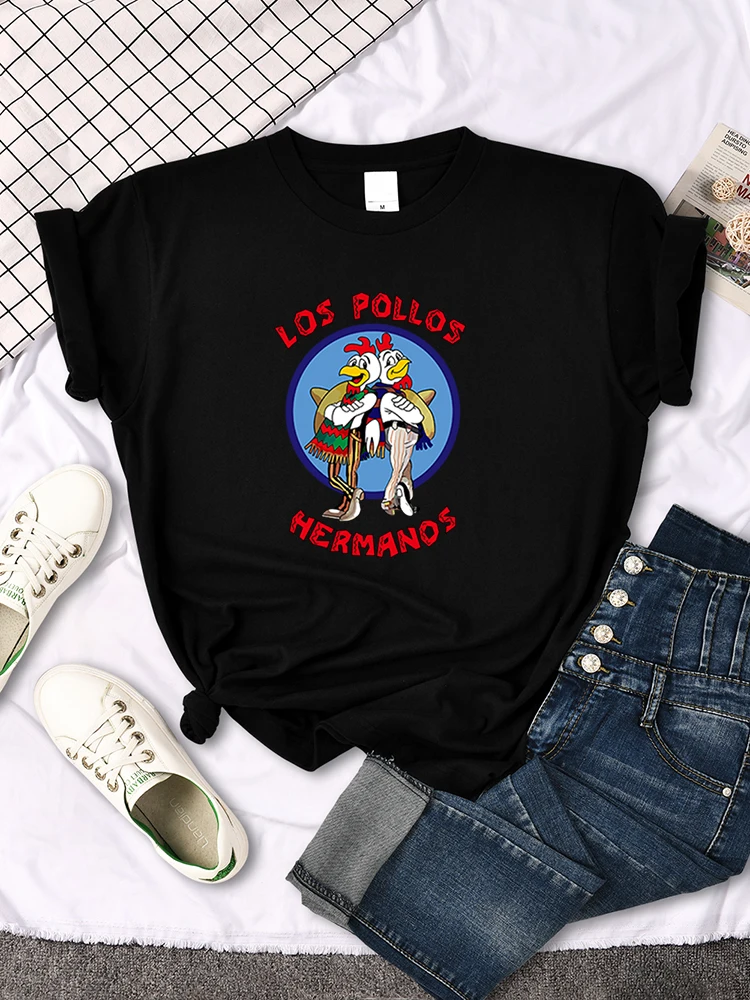 T-Shirt Female Two Handsome Cowboy Chicken Brothers Pattern Print Tees Oversize O-Neck Tshirts Casual Women's Harajukua Tops
