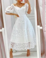 2022 spring and summer new womens v neck lace stitching large swing long skirt puff sleeve temperament dress