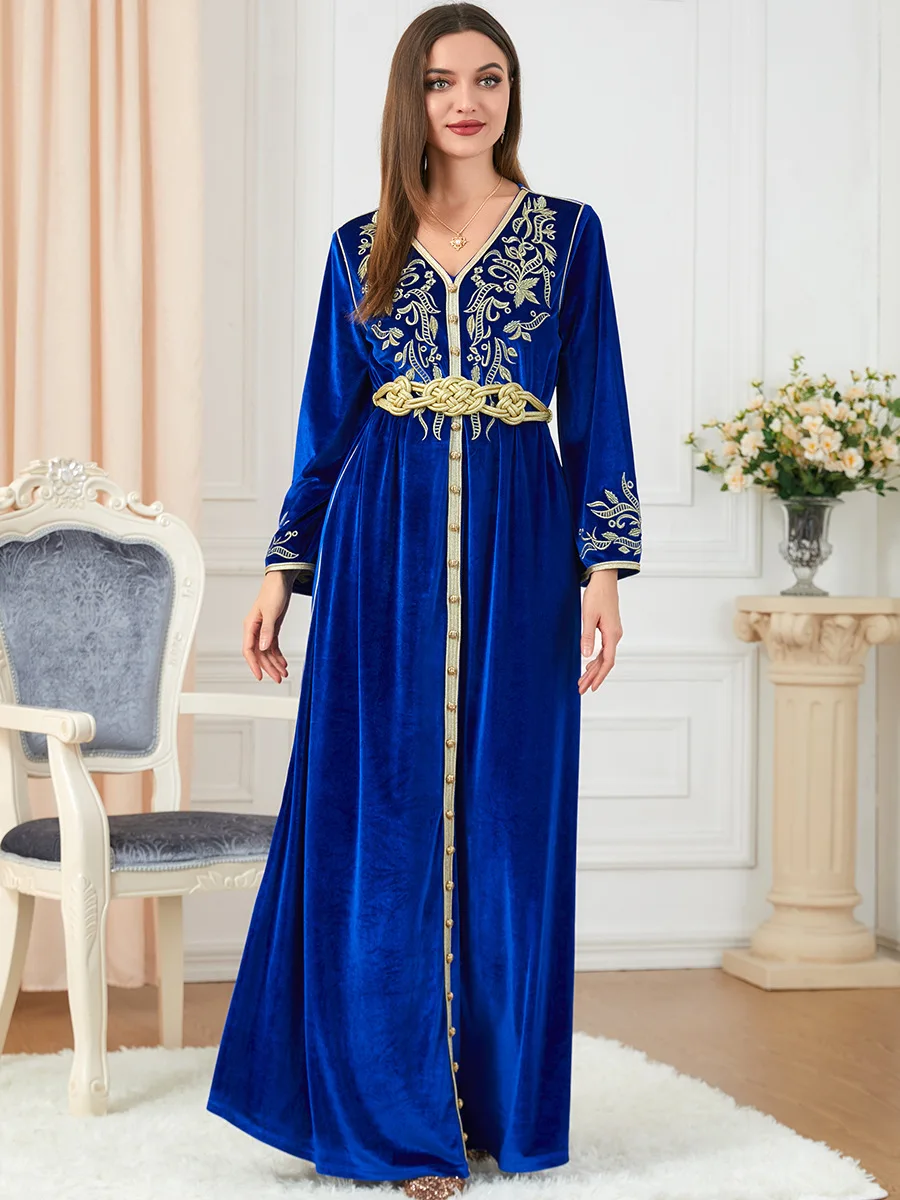 Women's Winter Abaya Velvet Belted Kaftan Jalabiyat Embroidered V-Neck Long Sleeve Dress Morocco Turkey Clothing
