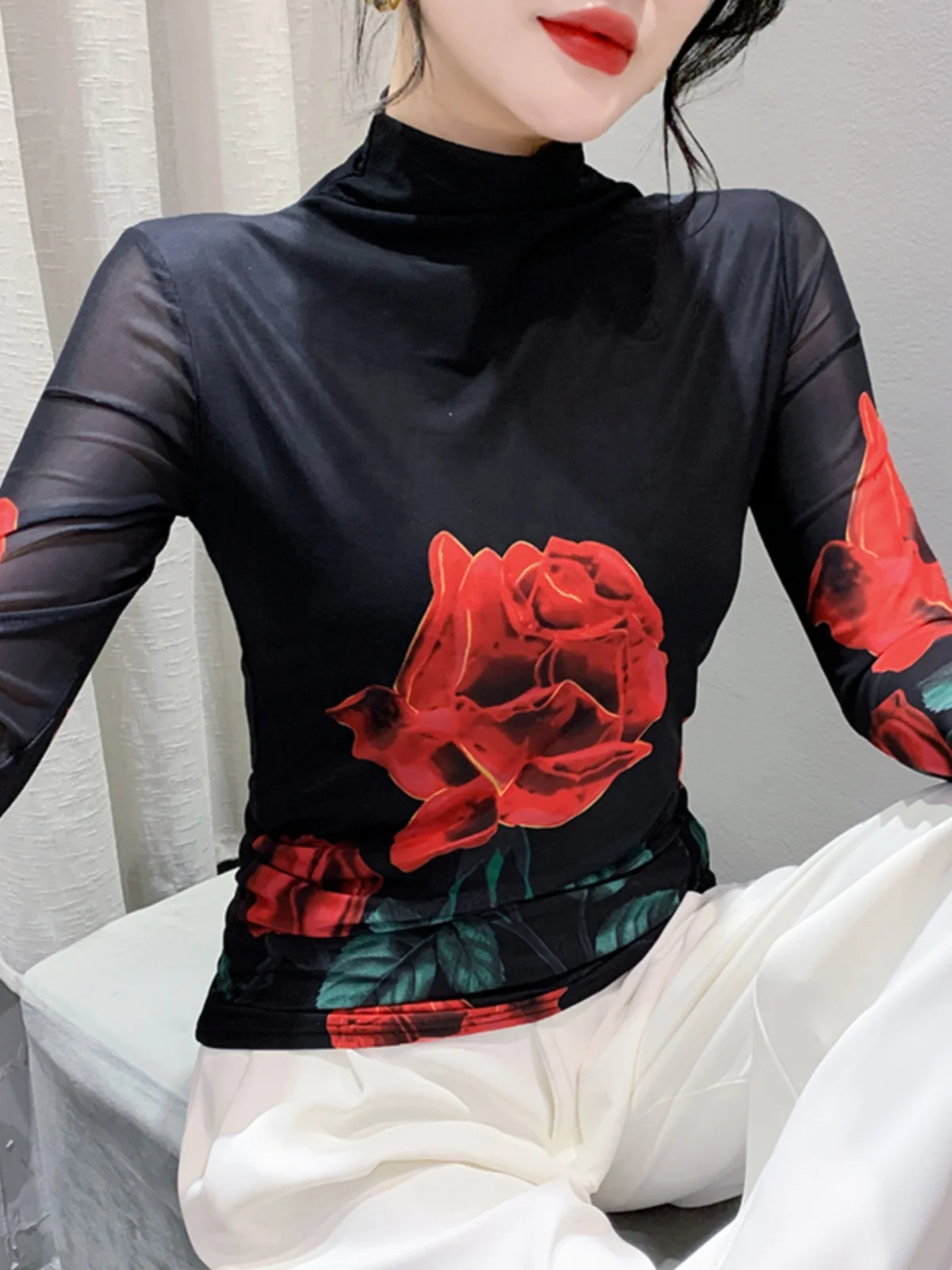 Размер S-4XL женская осенне-зимняя водолазка с длинными рукавами сетчатая футболка