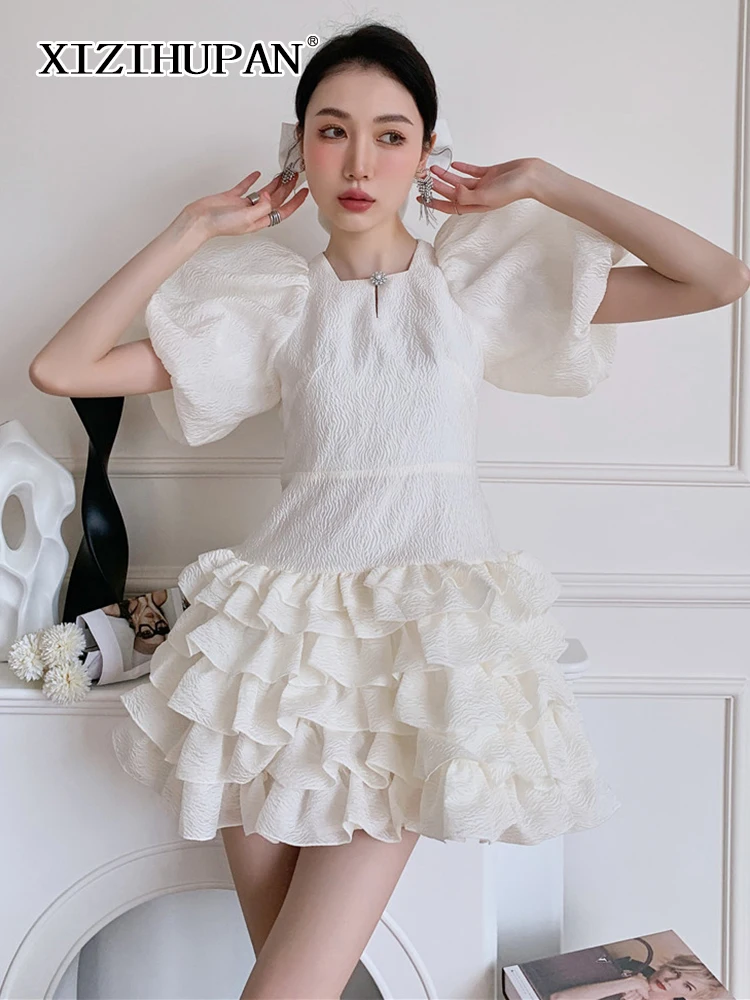

XIZIHUPAN High Street Solid Dress For Women Round Neck Short Puff Sleeve Patchwork Jacquard Mini Ball Gown Dresses Female Style