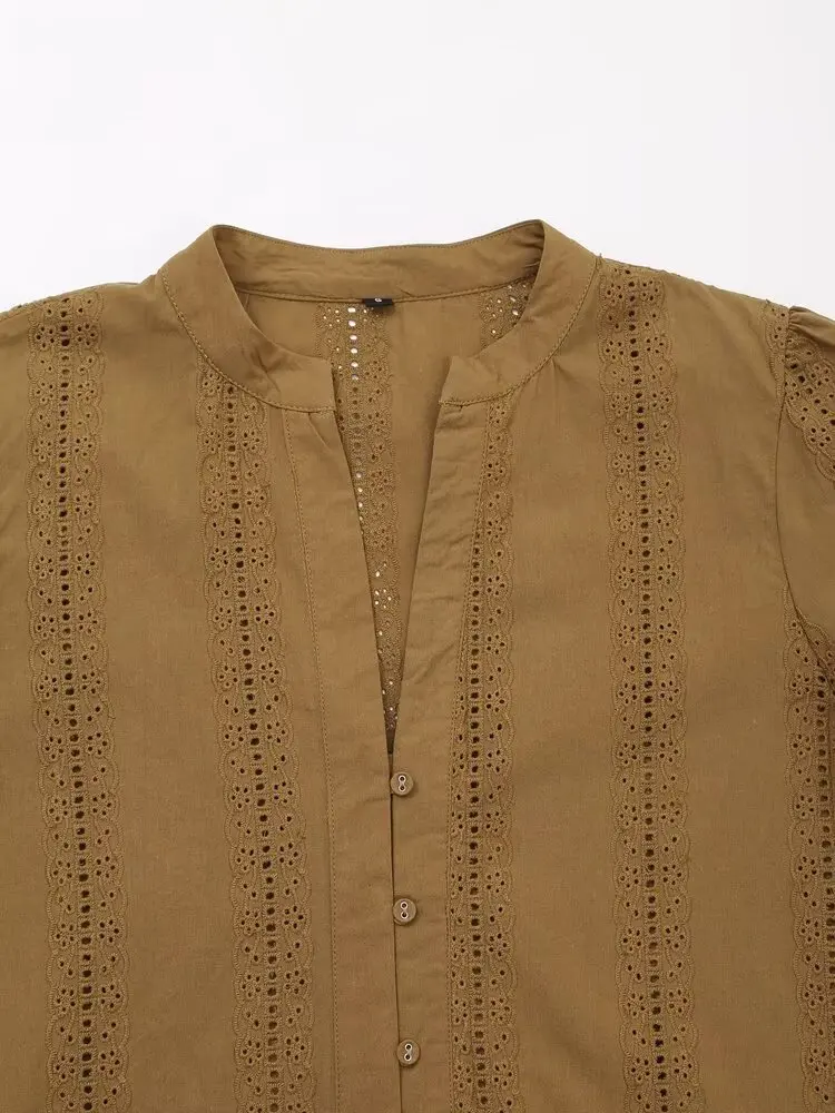 Женская блузка с вышивкой V-образным вырезом и длинным рукавом