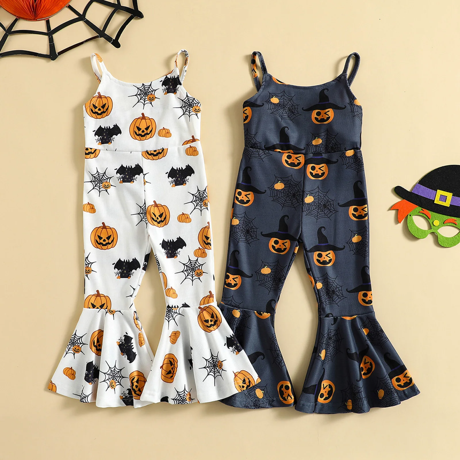 

2022-06-23 Lioraitiin 0-5Years Toddler Boy Girl Halloween Jumpsuit Sleeveless Spaghetti Straps High Waist Flared Hem Bodysuit