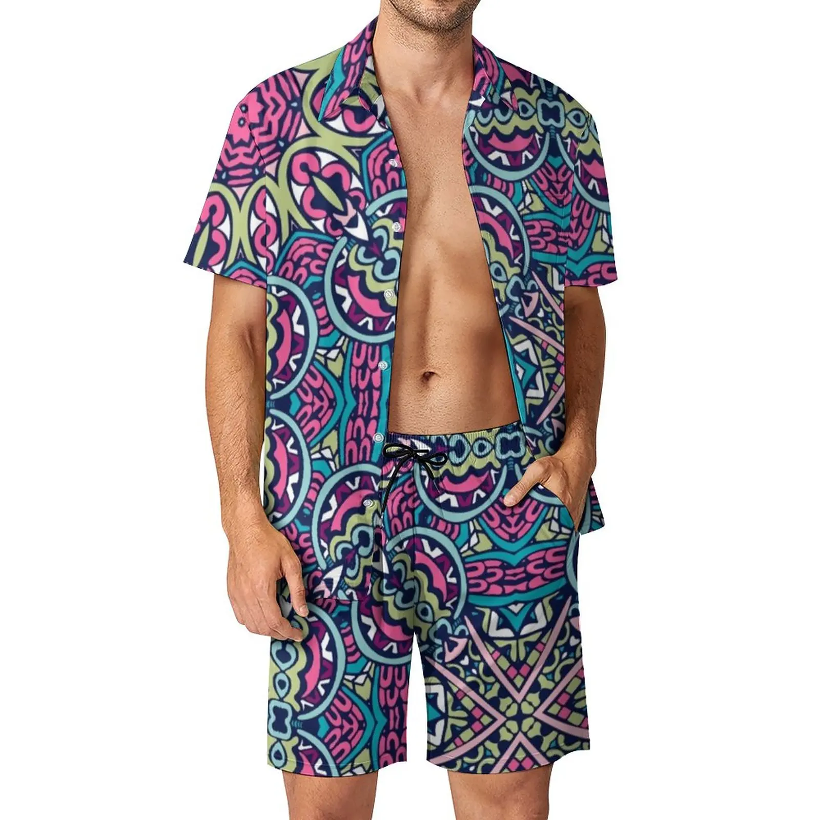 

Bohemia Print Men Sets Pink Purple Mandala Casual Shorts Summer Funny Vacation Shirt Set Short Sleeve Graphic Plus Size Suit