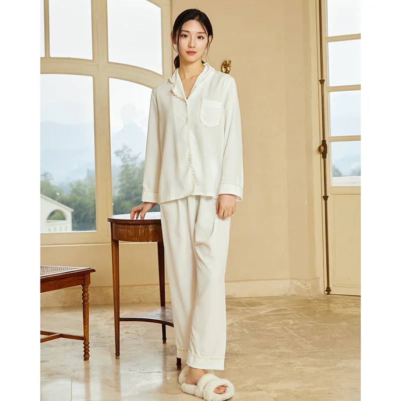 

Sexy Lace Appliqeu Long Sleeve Shirt Pants Women Puff Cotton Pajama Summer Two-Piece Homewear Nightwear