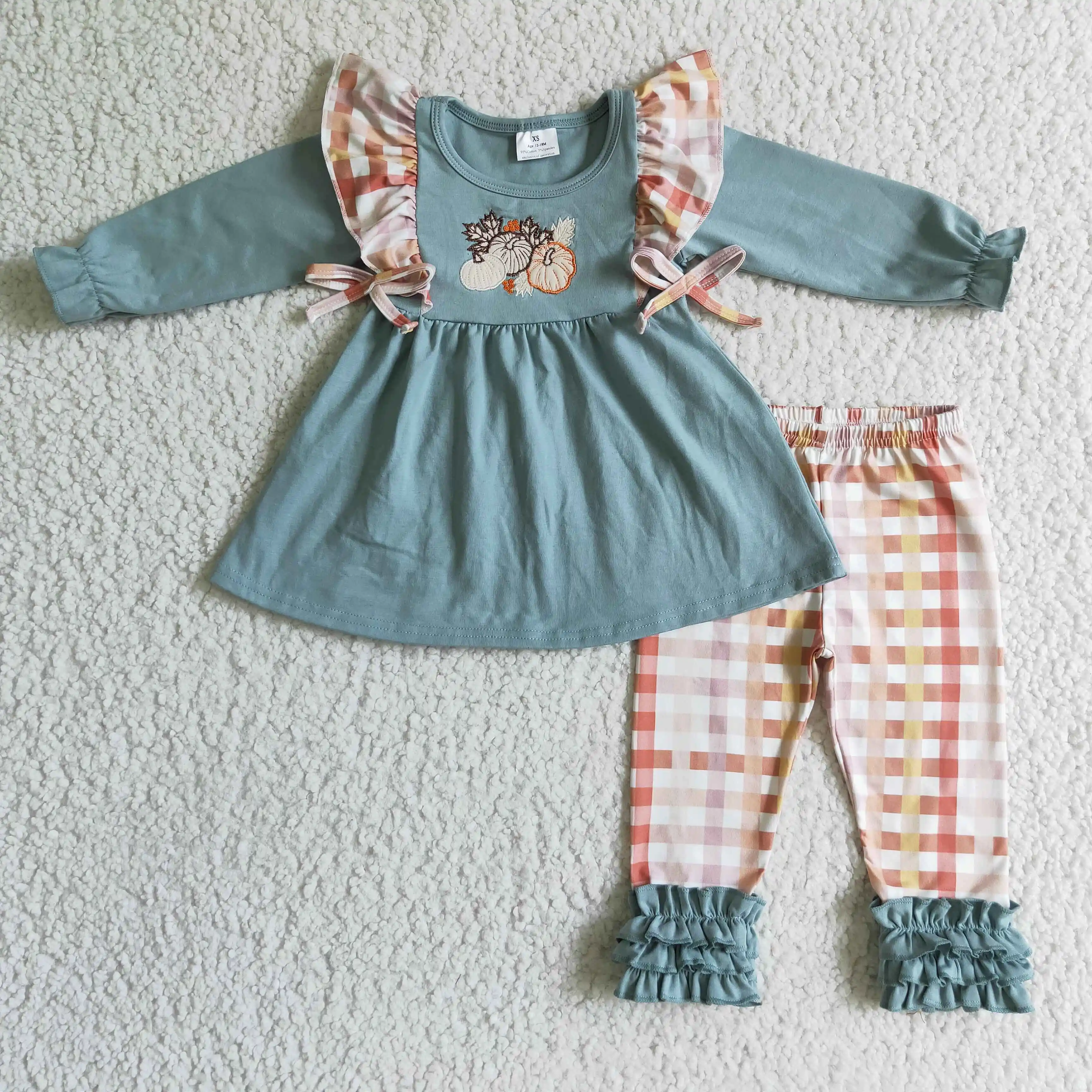 

Wholesale kids fall outfits halloween pumpkin embroidery bow long sleeve top plaid icing trousers boutique set