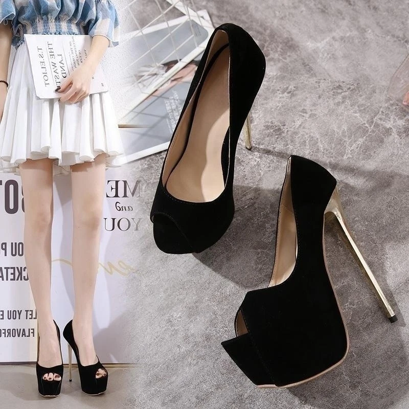 Женские туфли-лодочки с открытым носком на платформе и очень высоком каблуке 16 см