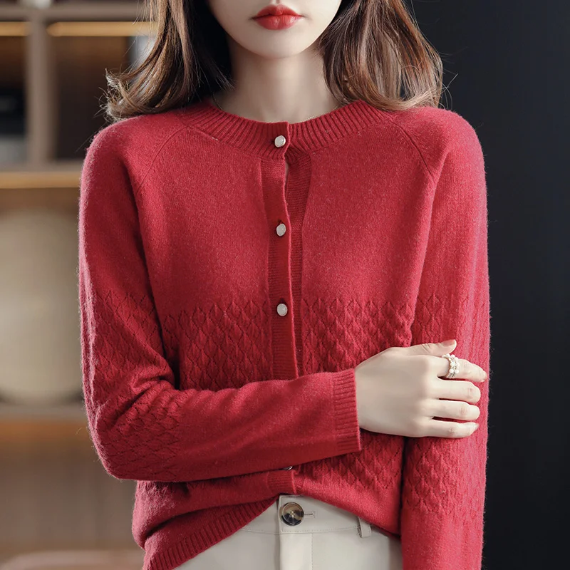 Женский кардиган из 100% шерсти с круглым вырезом новое вязаное ажурное пальто