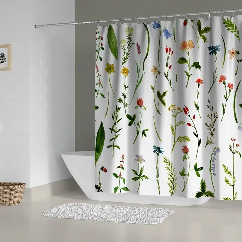 

1pc Floral Shower Curtain, Orange Shower Curtain, Botanical Shower Curtain Set With 12 Hooks, Watercolor Bathroom Decor