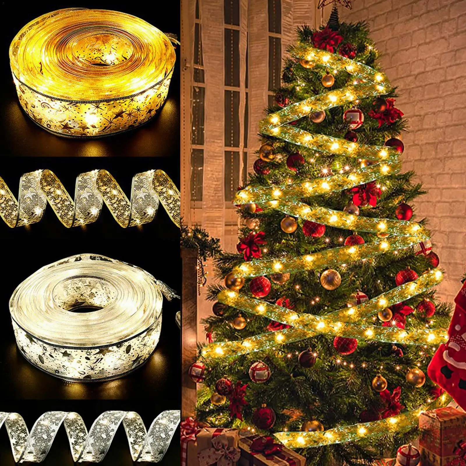 

2/1M LED Christmas Tree Ribbon Light Ornament Window Curtain String Light DIY Lace Bows String Lights Home Christmas Decor