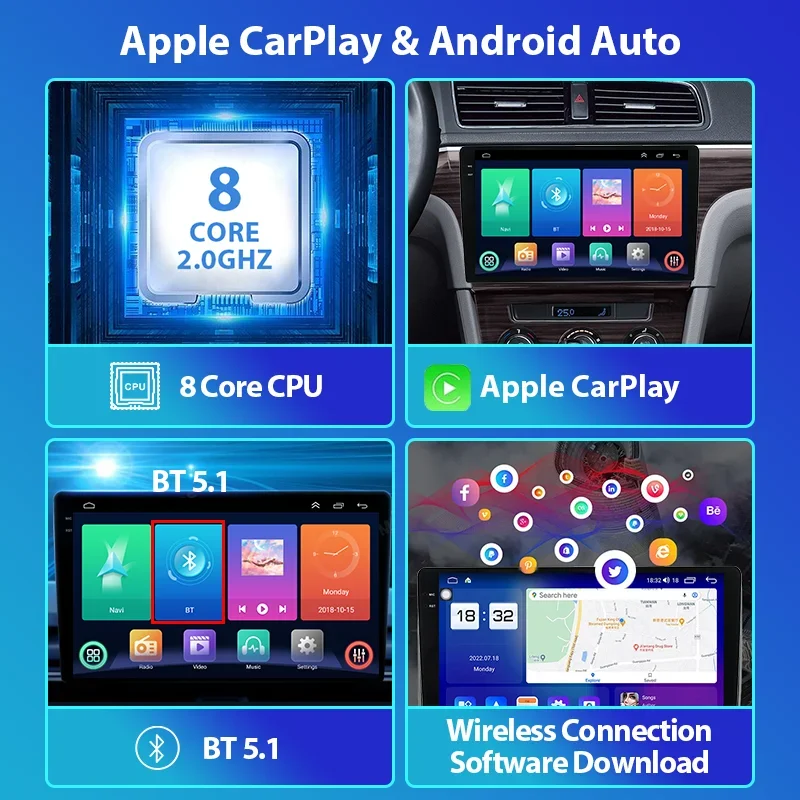 QLED экран Android 13 8 + 256G 9/10 дюймов универсальный автомобильный радиоприемник 2000*1200