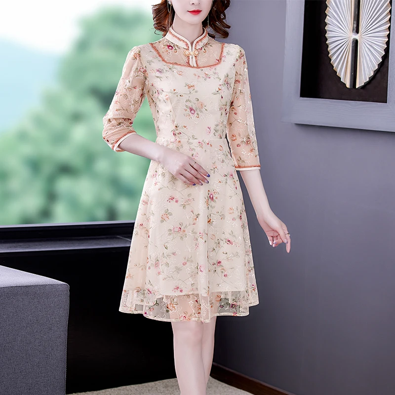 

Spring Summer Floral Lace Embroidery Sexy Midi Dress Women Korean Vintage Casual Cheongsam Dress 2022 New Elegant Bodycon Dress