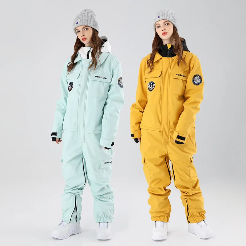 New Winter One-Piece Ski Suit Women Warm Outdoor Snowboard Jacket Men Overalls Skiing Suit Waterproof Hooded Ski Set Jumpsuits