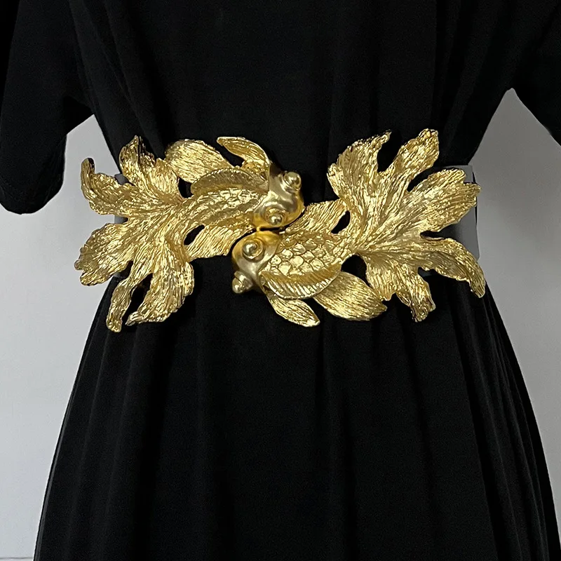 Metal Gold Fish Genuine leather Female Waistband Fashion Luxury Designer Dress Coat Decoration Girdle Punk Gothic Belt for Women
