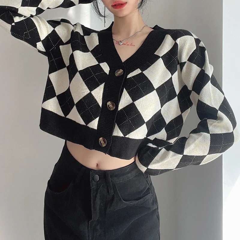 

Preppy Style V Neck Plaid Argyle Cropped Sweater Cardigan Women Korean Y2k Knitwear Knit Coat Cropped Knitted Cardigan Femme