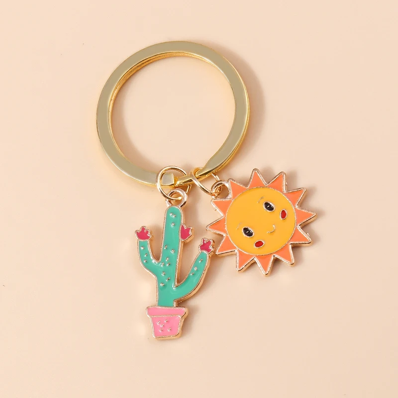 

Cute Sun Keychain Enamel Plants Cactus Flower Charms Keyrings Souvenir Gift for Women Men Bag Key Chains DIY Jewelry Accessories