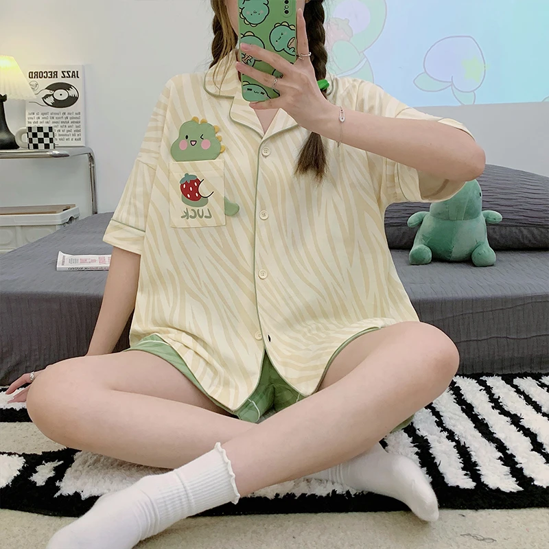 

2023 Summer New Pajama Suit For Women Cotton Pijama Mujer Short-sleeve Cartoon Dinosaur Comfortable Soft Pyjamas Women