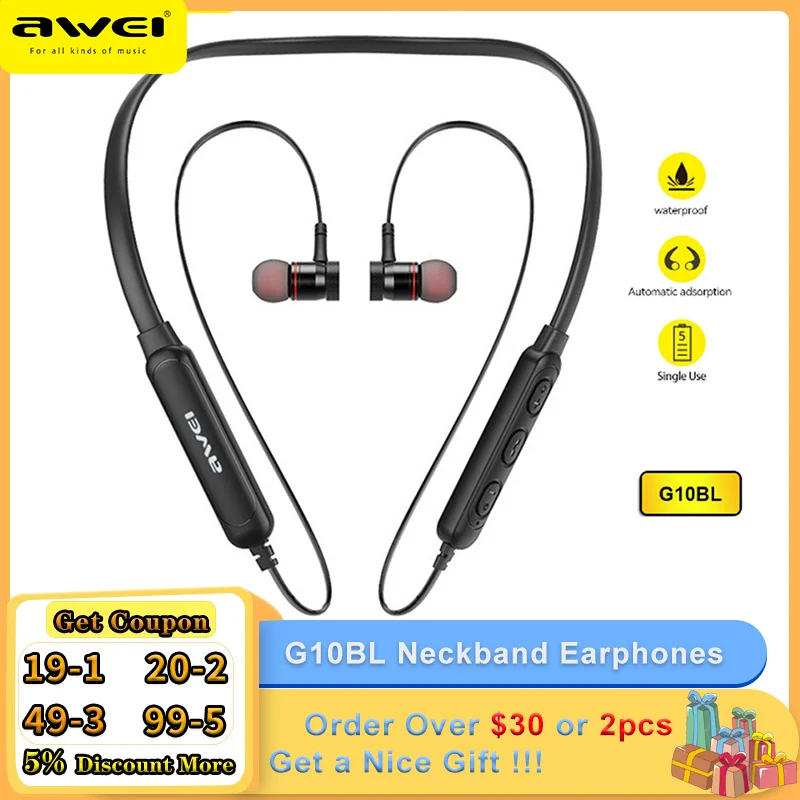 

Awei G10BL Neckband HiFi Wireless Bluetooth Earphones Sports Earbuds Noise Cancelling Stereo Deep Bass Headphones with Mic