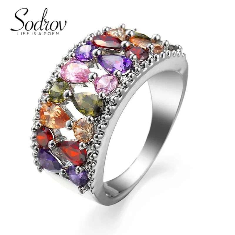 

SODROV Luxury Rainbow Jewelry Colorful Crystal Zircon Rings for Women Engagement Wedding Jewellery Ring