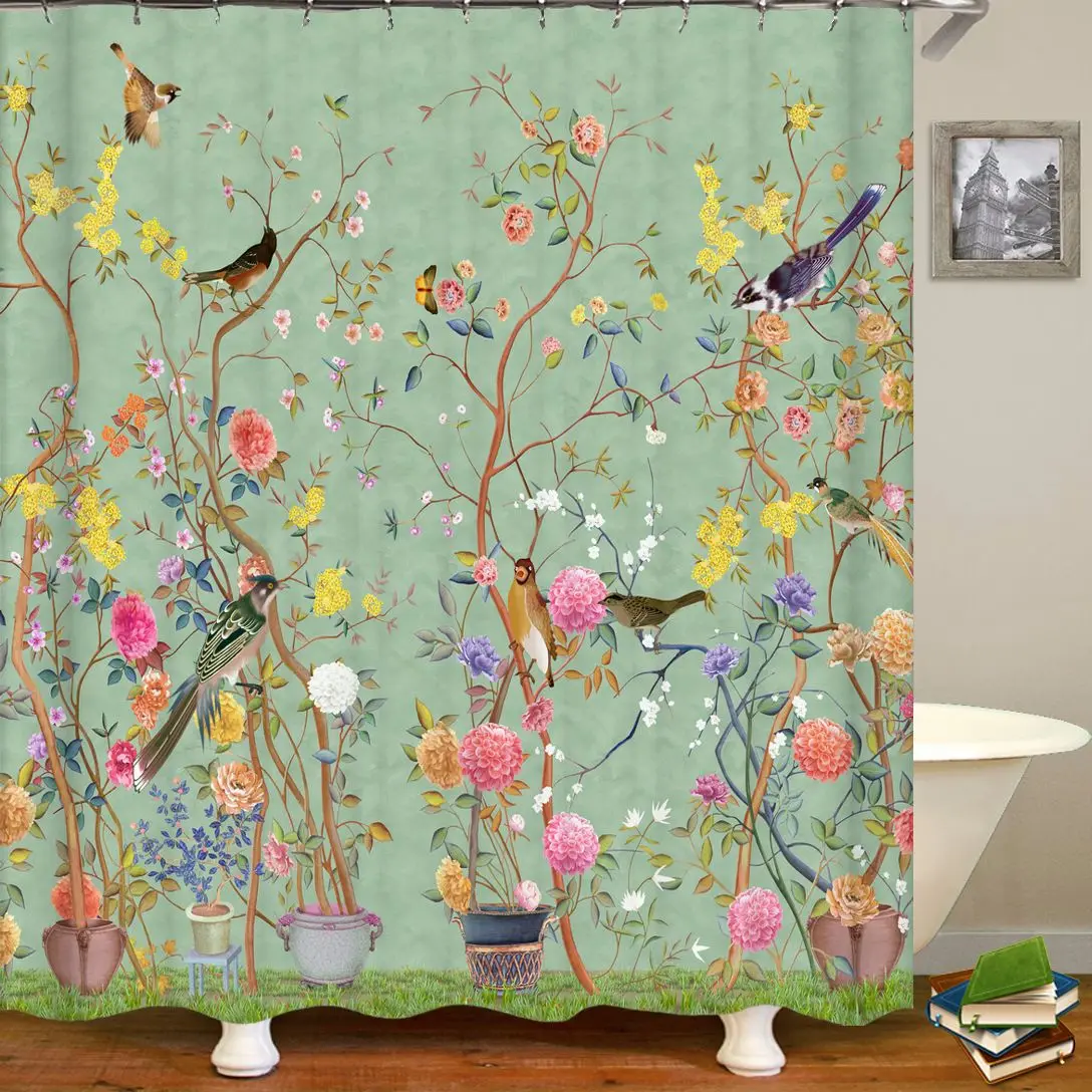 

Cortinas de ducha de árbol de flores y pájaros de estilo chino, decoración de baño impermeable con ganchos, cortina de baño de
