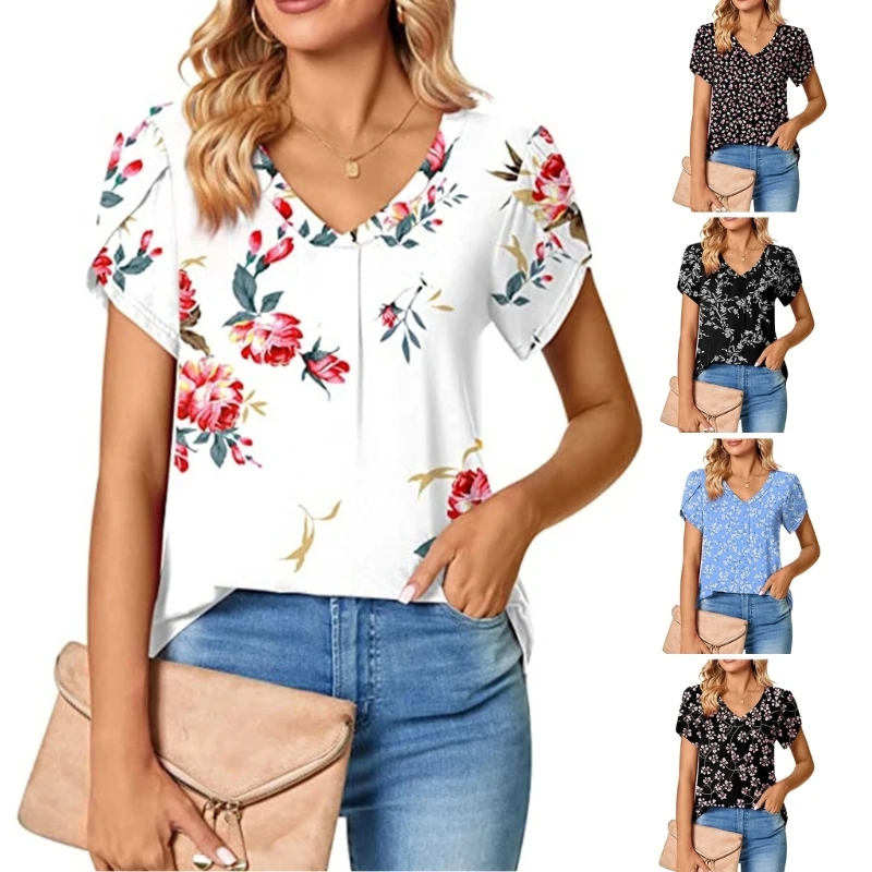 

H9ED Women V Neck Floral Blouse Shirt Short Sleeve Summer Basic Casuacl Tops