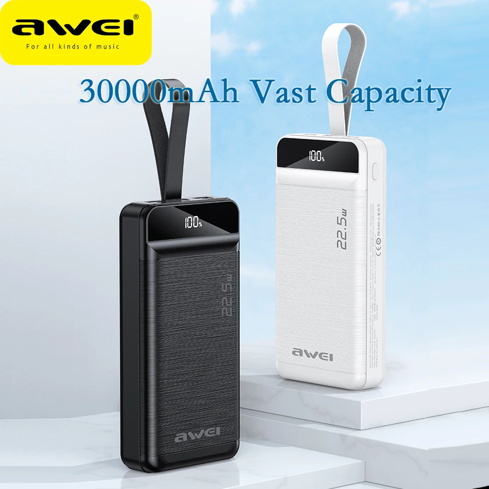 

Awei P140K 30000mAh Power Bank Digital Display 22.5W Fast Charge Powerbank Big Capacity Type C USB For Mobile Phone Wholesale