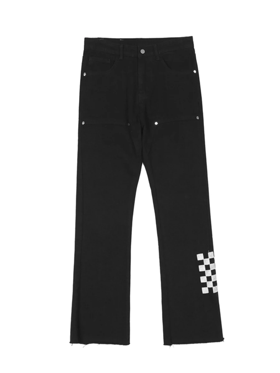 Four Seasons American High Street Checkerboard Embroidery Jeans Hiphop Tide Brand Loose Micro-flare Trousers for Men and Women