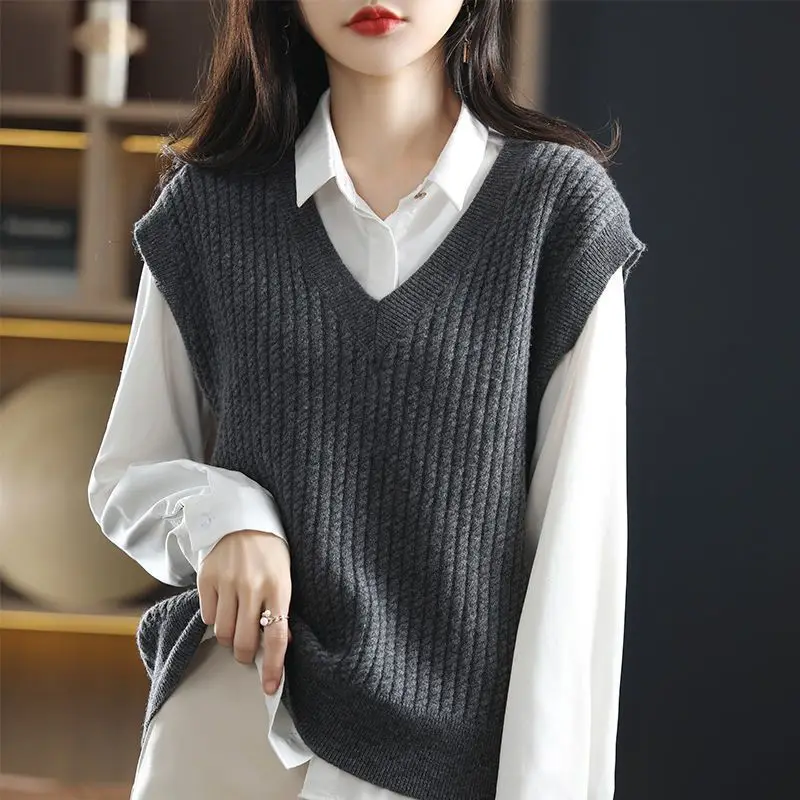 

Knitting Women Sweater Vest V Neck Sleeveless Pullovers Knitted Waistcoat Female Sweaters Vest Jumper Top Unif