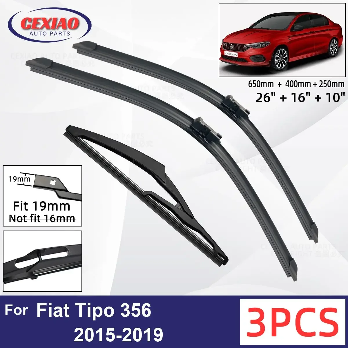 

For Fiat Tipo 356 2015-2019 Car Front Rear Wiper Blades Soft Rubber Windscreen Wipers Auto Windshield 26"+16"+10" 2016 2017 2018