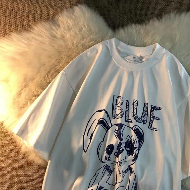 

Футболка Мужская/женская с мультяшным принтом кролика, свободная рубашка в Корейском стиле, Студенческая одежда в стиле Харадзюку, 2 шт., Y2k, ...