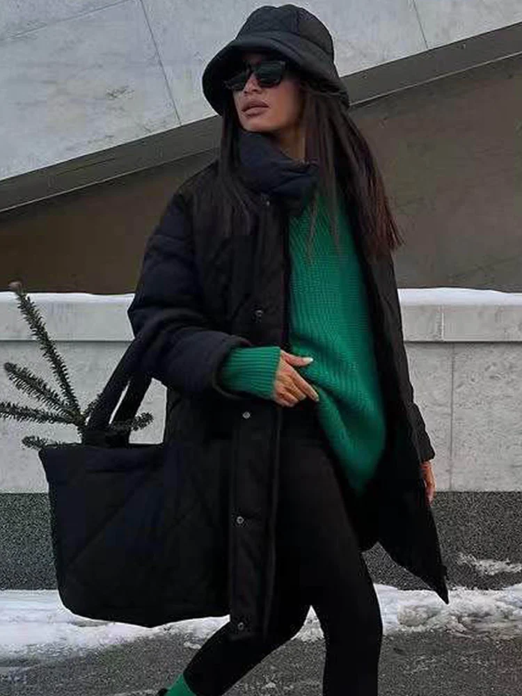 Women's Jacket Loose Padded Long Lingge 2022 Winter Casual Turn Down Collar Overcoat With Bags Office Lady Outwear Woman Clothes