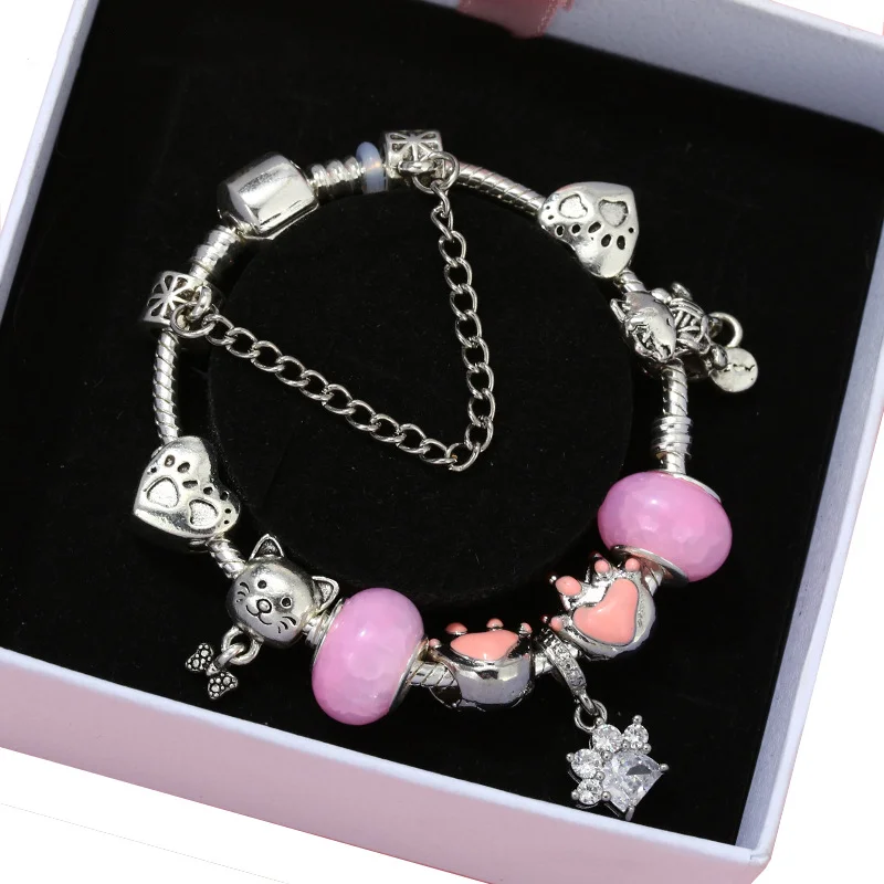 Kitten Cat paw Woman Bracelet Fit Pandora DIY S925 Silver Chain Beads Original Jewelry Handmade Accessories Wholesale