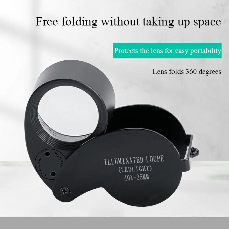 40X Foldable Magnifier with LED Light Portable HD Handheld Magnifying Glass for Jewelry Coins Stamps Antique Identification Tool