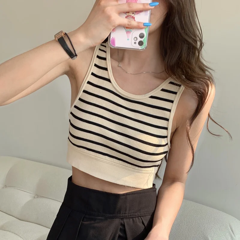 

Tanks Women Hot Sale Striped Sexy Office Lady Korean Style High Elasticity All-match Crop Top Ins Student Cozy New Design Slim