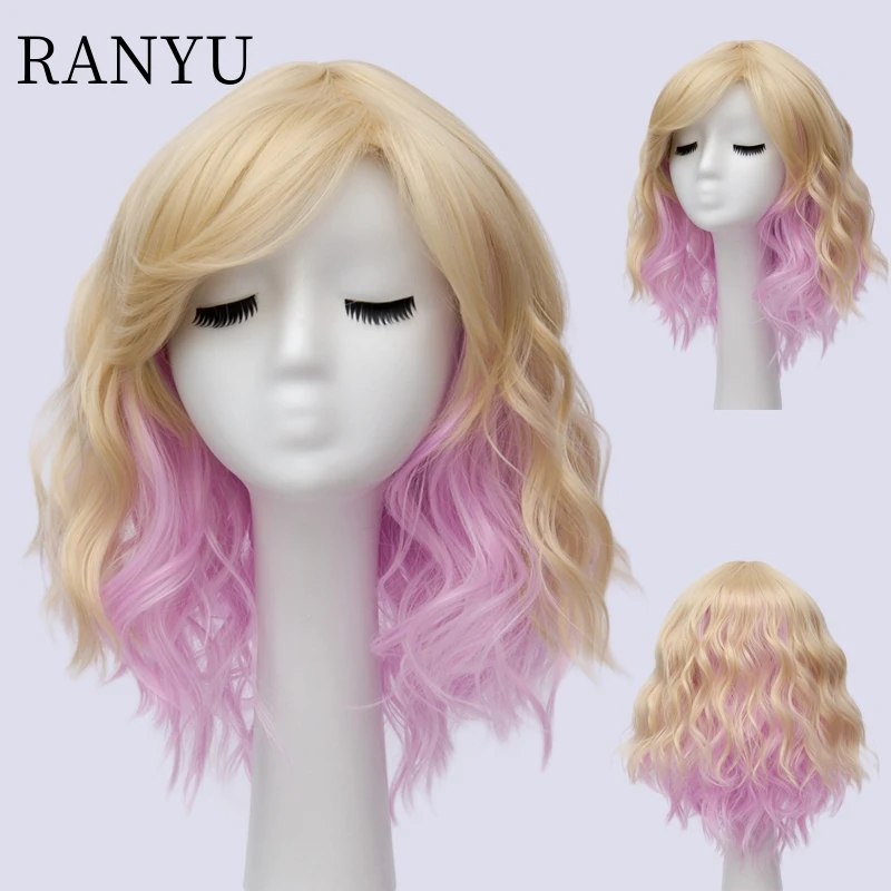 

RANYU Synthetic Short Wavy Role Play Bob Wig with Bangs Heat Resistant Fiber Lolita Wig Women's Head Cover