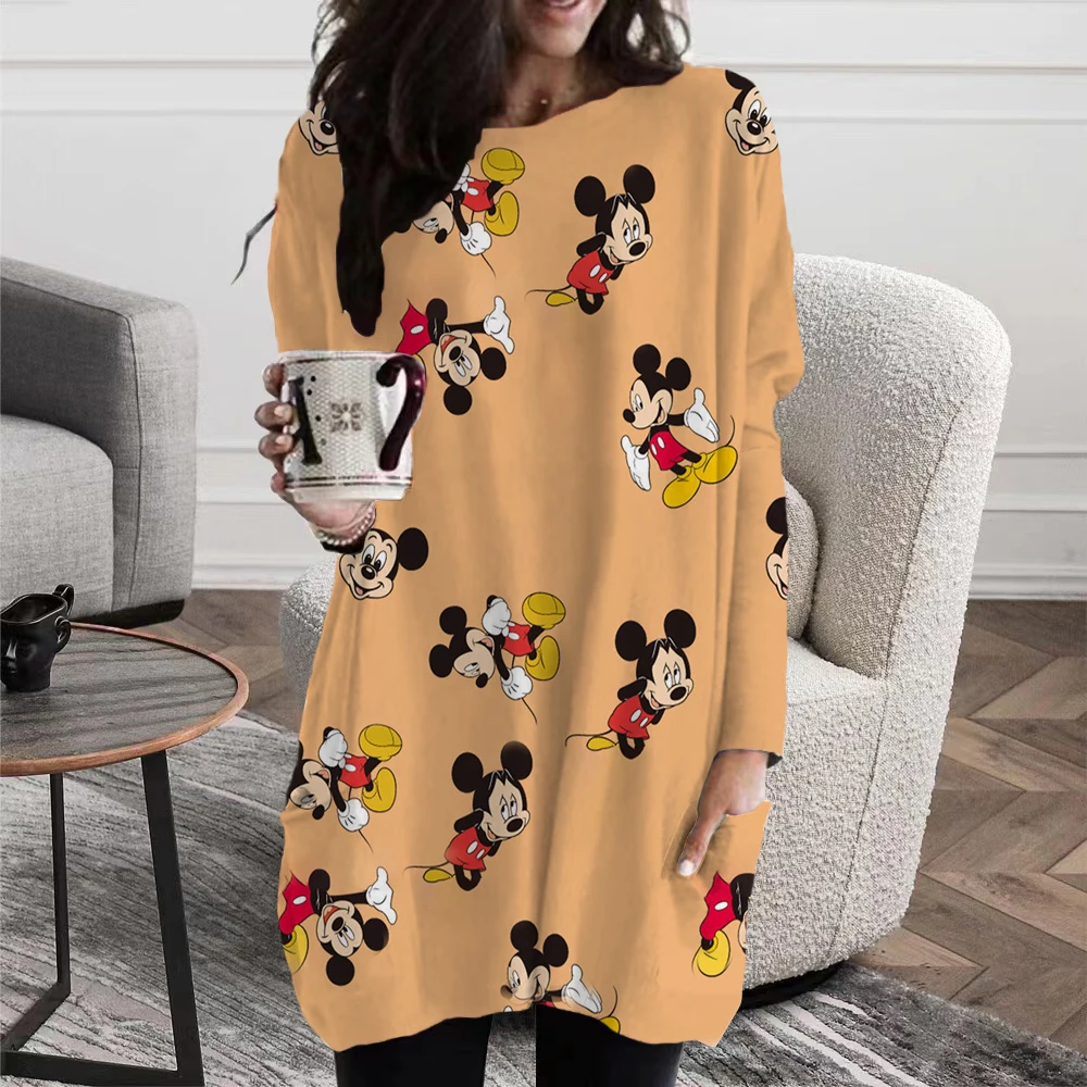 Elegant Women's Pocket Long Sleeve Dress Disney Mickey Ladies Street Office print fall long sleeve knee length skirt