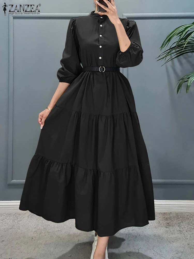 

ZANZEA Fashion Round Neck Long Robes Button Up 2023 Spring 3/4 Sleeve Pleated Tiered Dresses Solid Casual Loose Women Maxi Dress