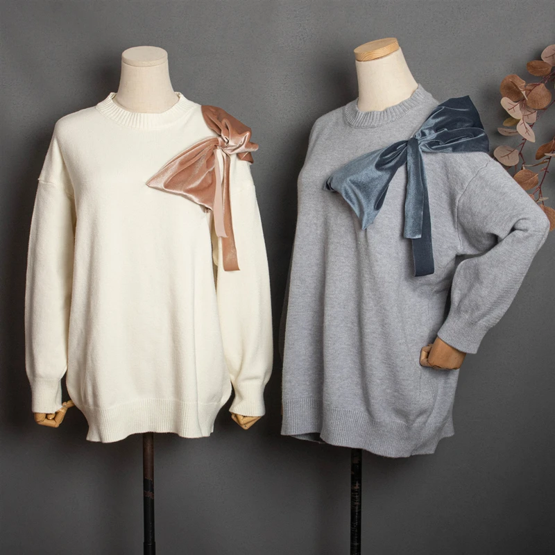 

Korea Style Casual Splicing Knotbow Knitted Pullovers For Women Fashion Round Neck All-Match Solid Sweater Female Spring New