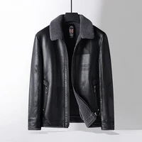 autumn winter mens casual black fleece pu leather jacket loose thick warm fur collar faux leather coat motorcycle streetwear top