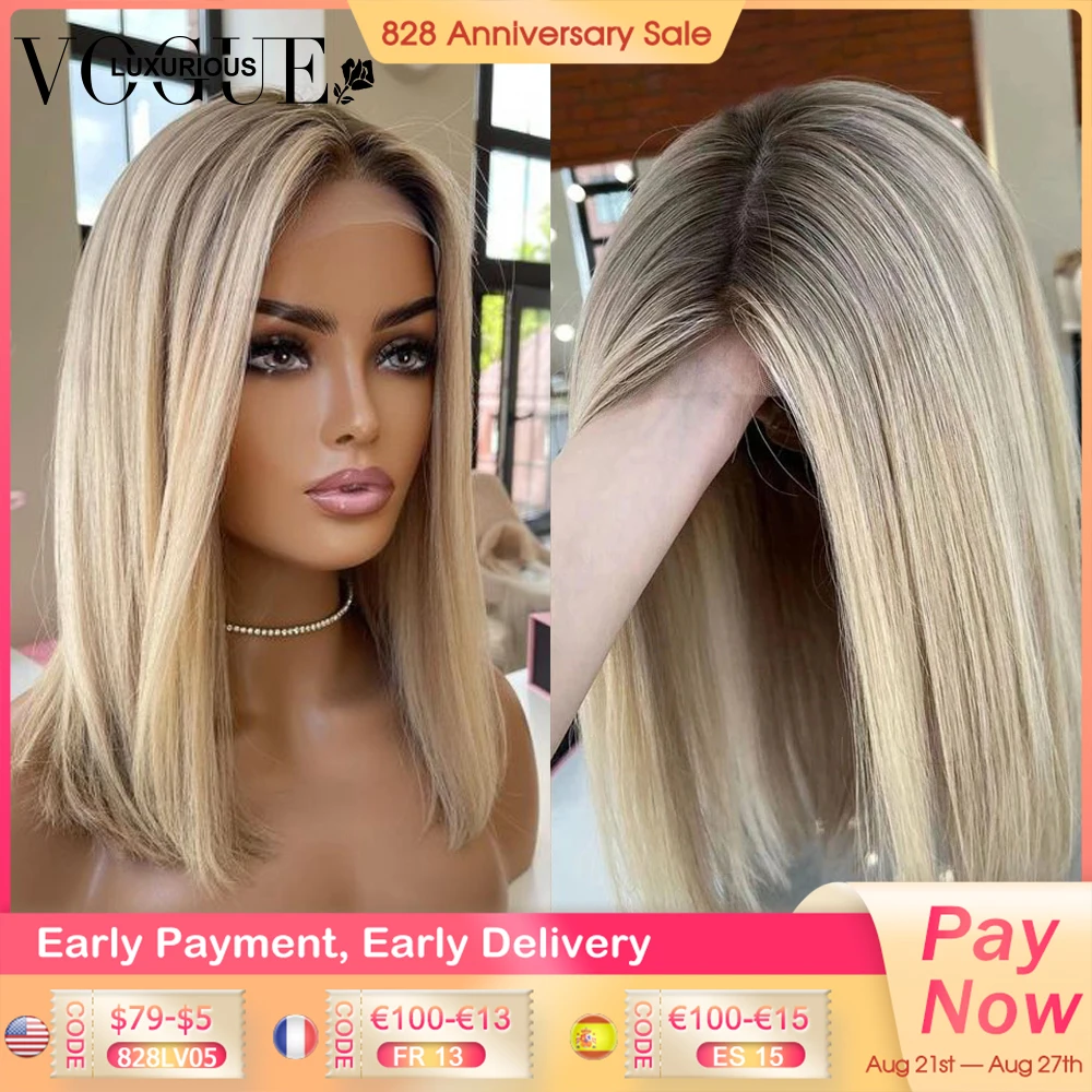 Ombre Ash Blonde Glueless Full Lace Human Hair Wig 13x6 Short Bob Wig Lace Front Human Hair Wigs Preplucked 613 Lace Frontal Wig