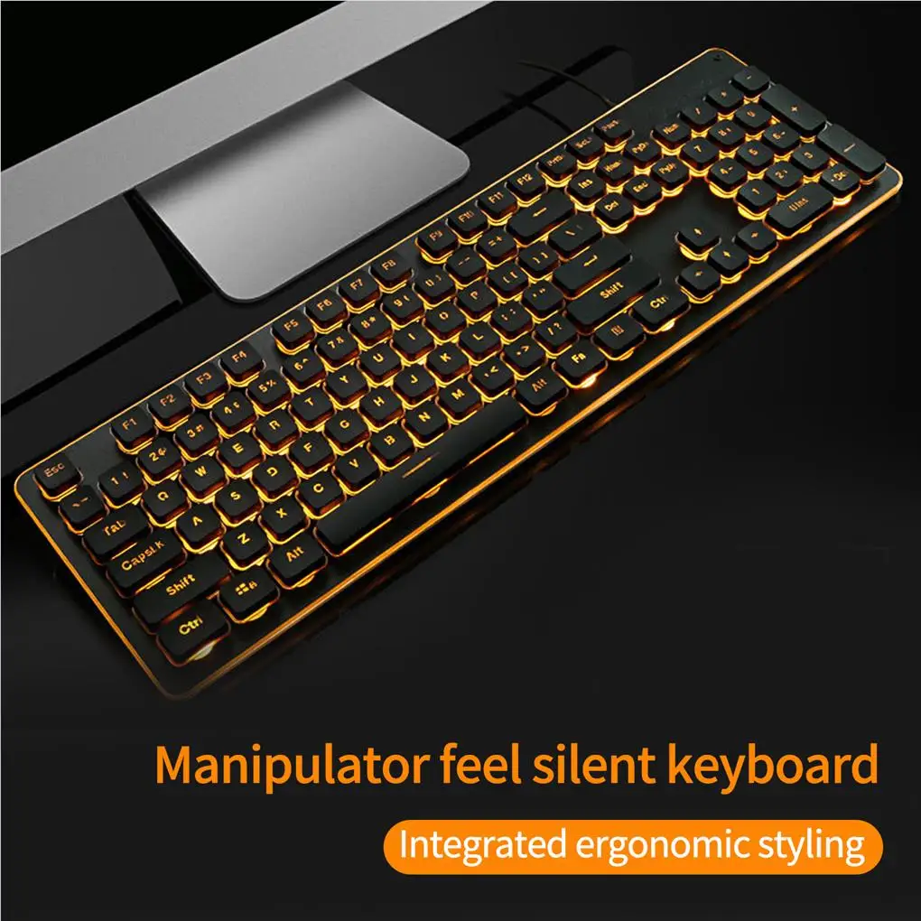 

USB Wired Keyboard Orange Light Key Board Anti-slide Silent Mechanical 104 Keys Luminous Keypads Low Noise for Office