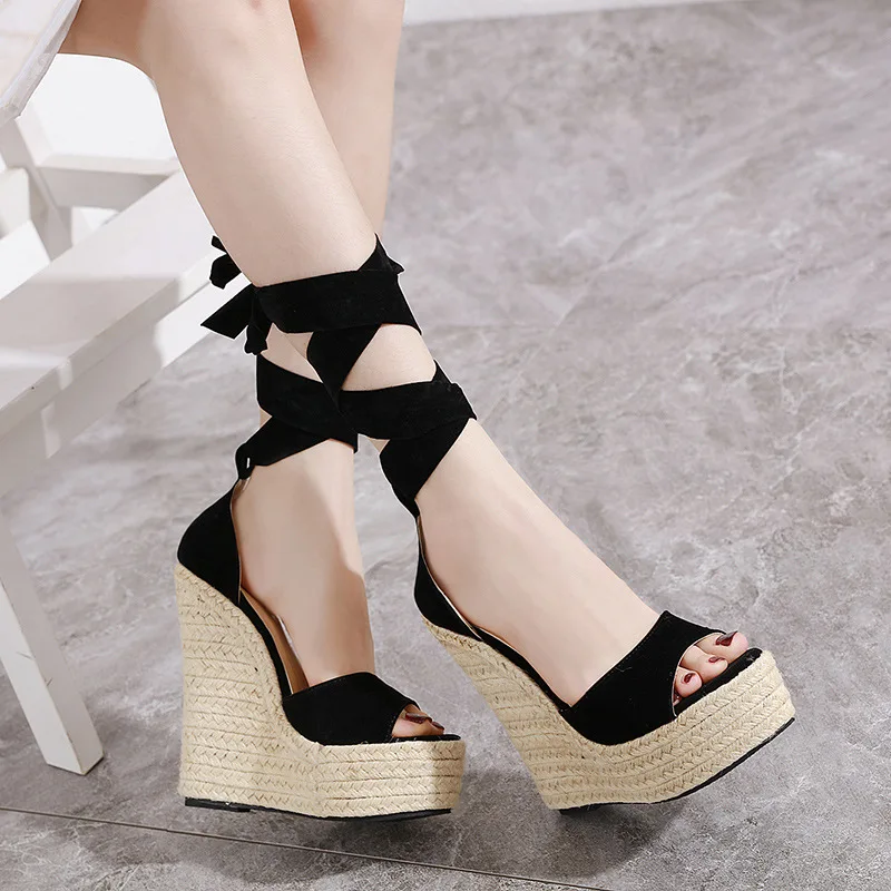 

Ladies Sandals Women Shoes Cloth Solid Color Slope Heel Round Shape Thick Bottom Increase Roman Platform