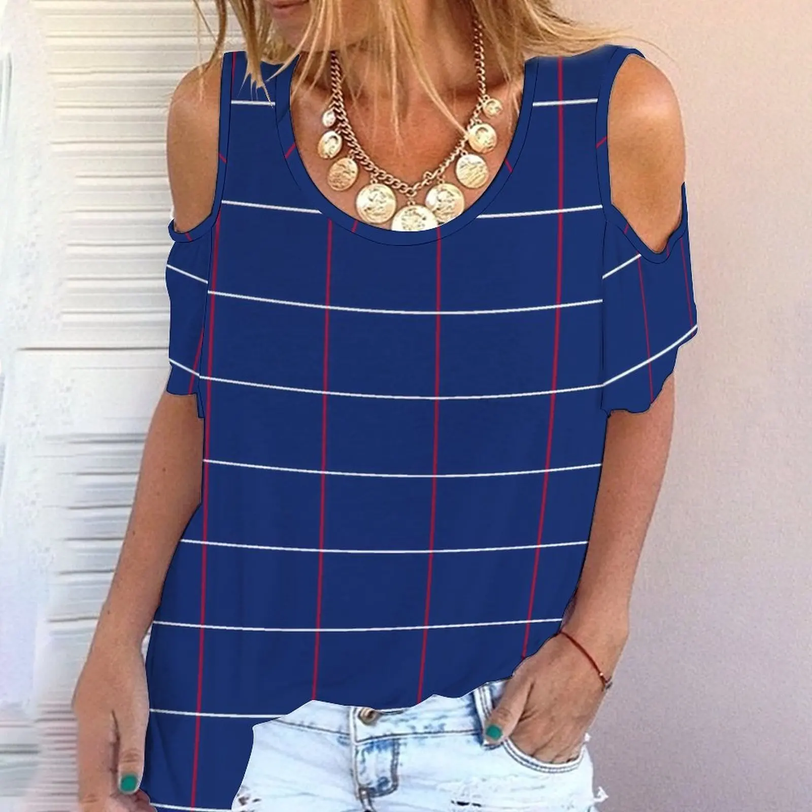 

Summer New Foreign trade T-shirt women's new off shoulder Plaid stripe printed hollow out Strapless o-neck short sleeve T-shirt