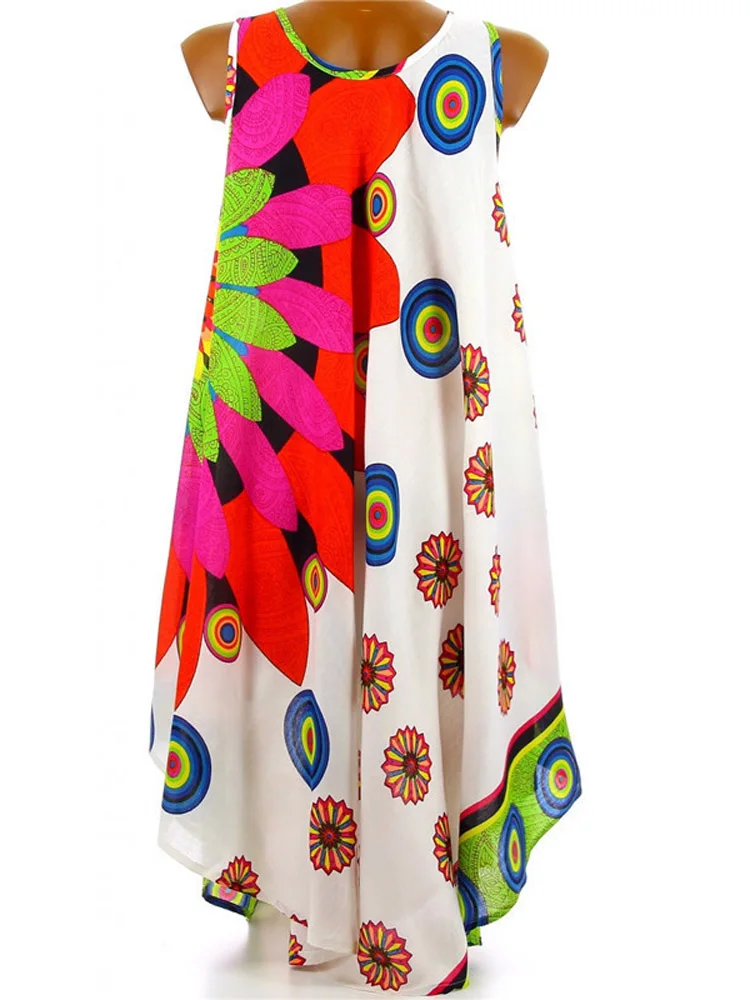 

Летнее короткое платье с цветочным принтом в стиле бохо, женская мода, асимметричный широкий подол, повседневные свободные пляжные платья без рукавов, большие размеры