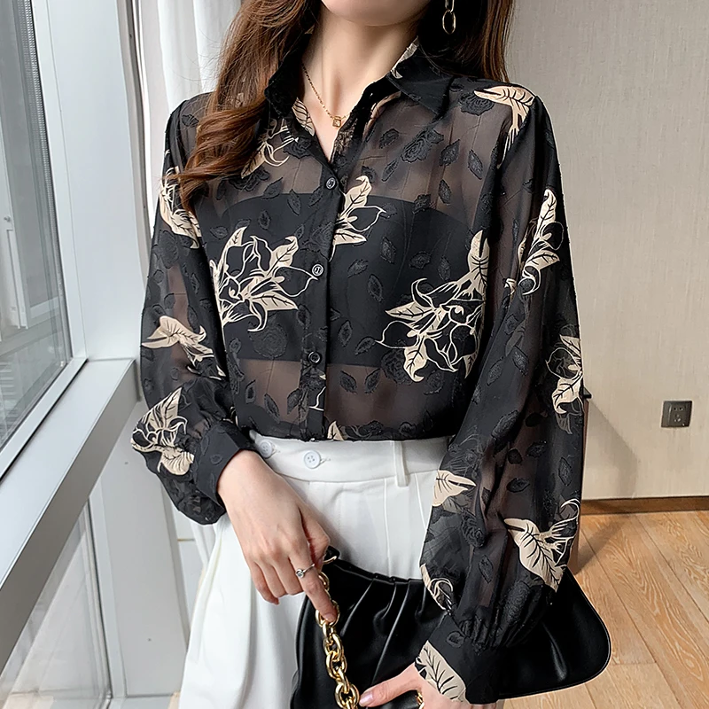 

Chiffon Loose Women's Shirts New Fashion Blouses Printing Polo summer Casual Long Sleeve Top Korean Style Female Clothing