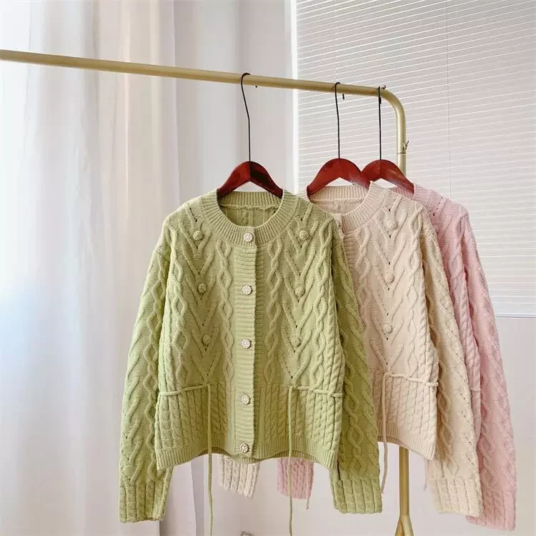 

Женский вязаный кардиган на одной пуговице, свободный синий или розовый свитер с длинным рукавом и круглым вырезом, осень 2021