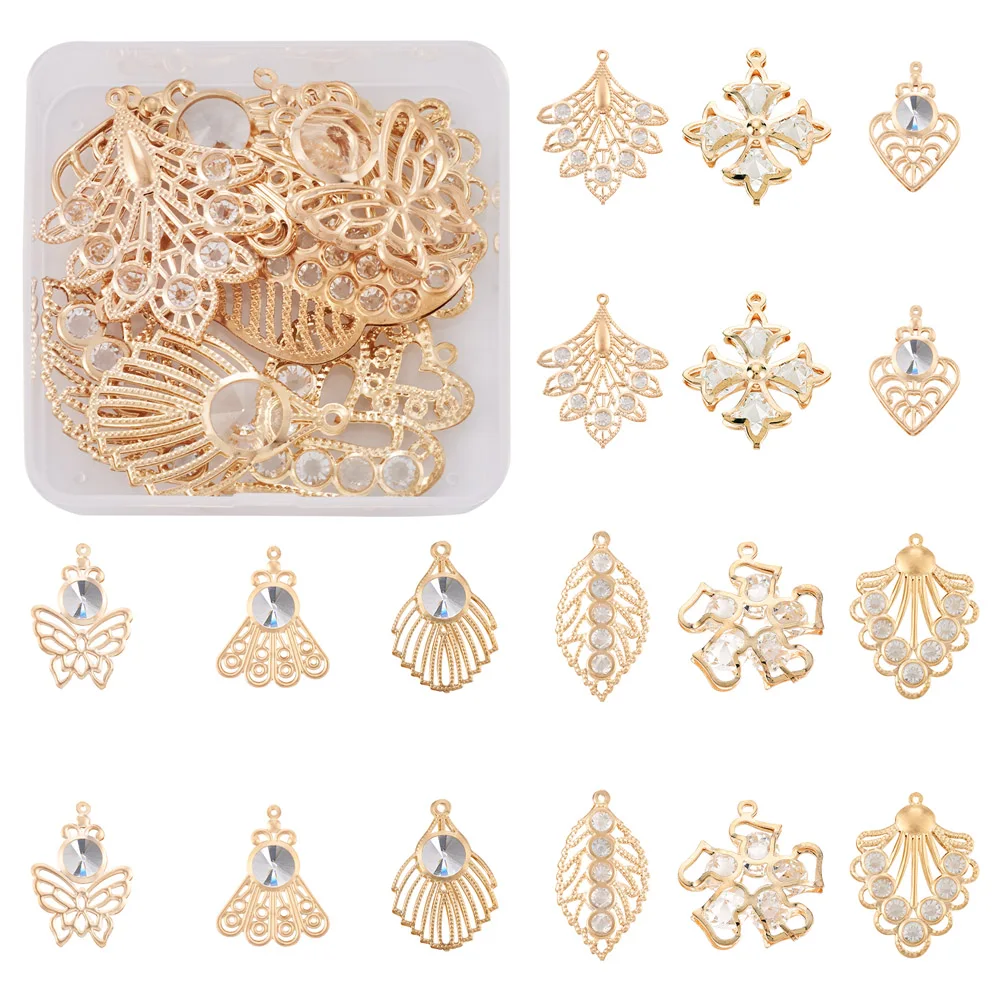 

18Pcs/Box Iron Crystal Rhinestone Pendants Leaf Shell Heart Light Golden Charms for Jewelry Making Necklace Earrings Findings